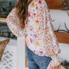 SHEWIN Women's Casual Boho Floral Print V Neck Long Sleeve Drawstring Tops Loose Blouses Button Down Shirts - Image 3