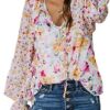 SHEWIN Women's Casual Boho Floral Print V Neck Long Sleeve Drawstring Tops Loose Blouses Button Down Shirts - Image 2