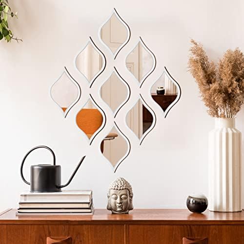 Tanlade 9 Pcs Teardrop Mirror Wall Decor Acrylic Decorative Mirror Wall Decor Boho Vintage Wall Art Farmhouse Decorative Mirror for Apartment Living Room Bathroom Bedroom, 9.8 x 6.7 Inch (White Frame) - Image 4