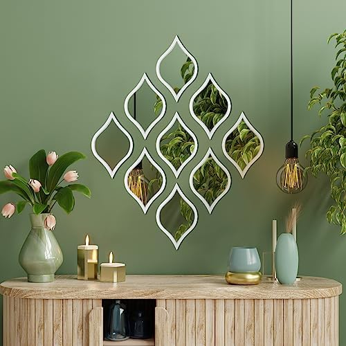 Tanlade 9 Pcs Teardrop Mirror Wall Decor Acrylic Decorative Mirror Wall Decor Boho Vintage Wall Art Farmhouse Decorative Mirror for Apartment Living Room Bathroom Bedroom, 9.8 x 6.7 Inch (White Frame) - Image 2