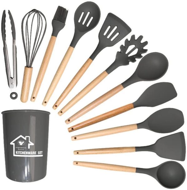 Silicone Cooking Utensils Kitchen Utensil Set, 12 PCS Wooden Handle Nontoxic BPA Free Silicone Spoon Spatula Turner Tongs Kitchen Gadgets Utensil Set for Nonstick Cookware with Holder - Image 9