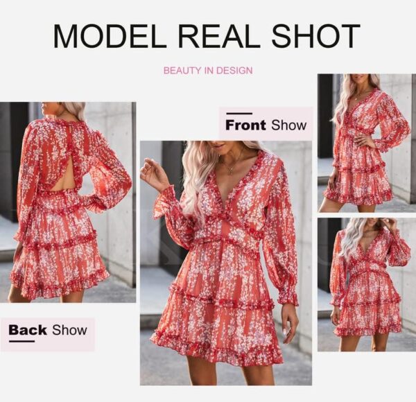 Dokotoo Womens 2023 Spring Summer Deep V Neck Ruffle Long Sleeve Floral Print Mini Dress - Image 5