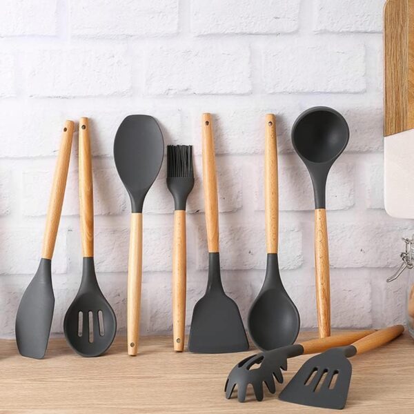 Silicone Cooking Utensils Kitchen Utensil Set, 12 PCS Wooden Handle Nontoxic BPA Free Silicone Spoon Spatula Turner Tongs Kitchen Gadgets Utensil Set for Nonstick Cookware with Holder - Image 4