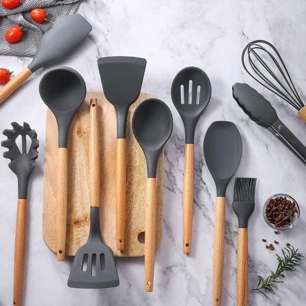 Silicone Cooking Utensils Kitchen Utensil Set, 12 PCS Wooden Handle Nontoxic BPA Free Silicone Spoon Spatula Turner Tongs Kitchen Gadgets Utensil Set for Nonstick Cookware with Holder - Image 6