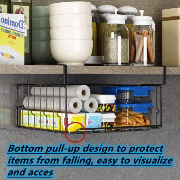 Under Shelf Basket Storage 2Pack - 11.8in Metal Under Cabinet Shelf, Hanging Wire Basket Shelves, Undershelf Storage Basket for Kitchen Pantry Bookshelf - Image 5
