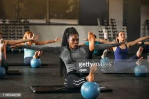 Group of women working balance exercise in the gym.